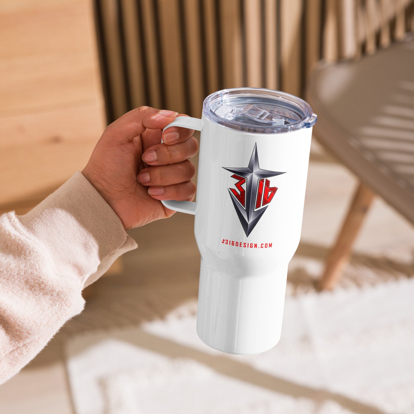 Drinkware / John 3:16 / J316 Design White Travel Mug with Handle / Steel Logo