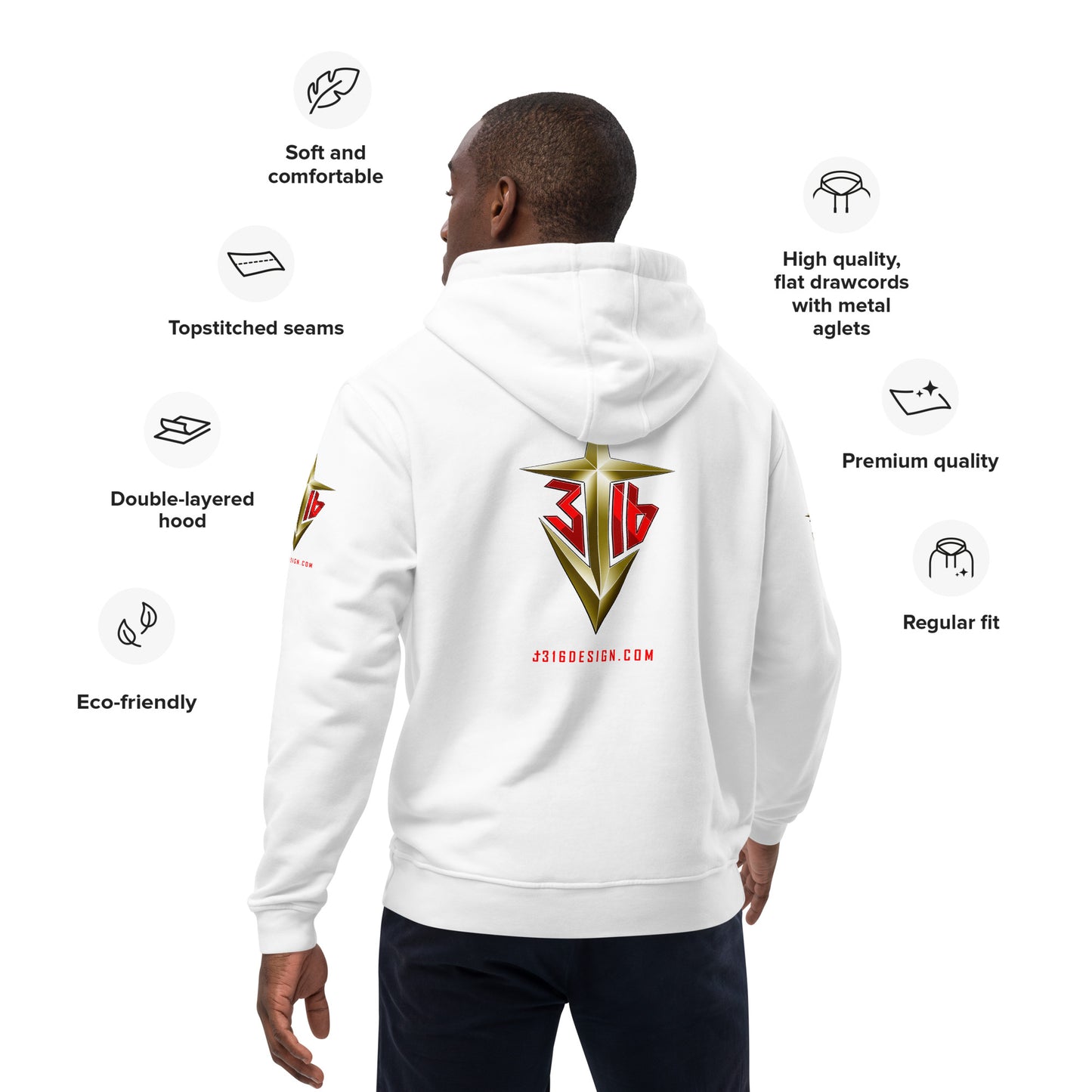 Shirts & Jackets / John 3:16 / J316 Design Premium White Eco Hoodie / Gold Logo