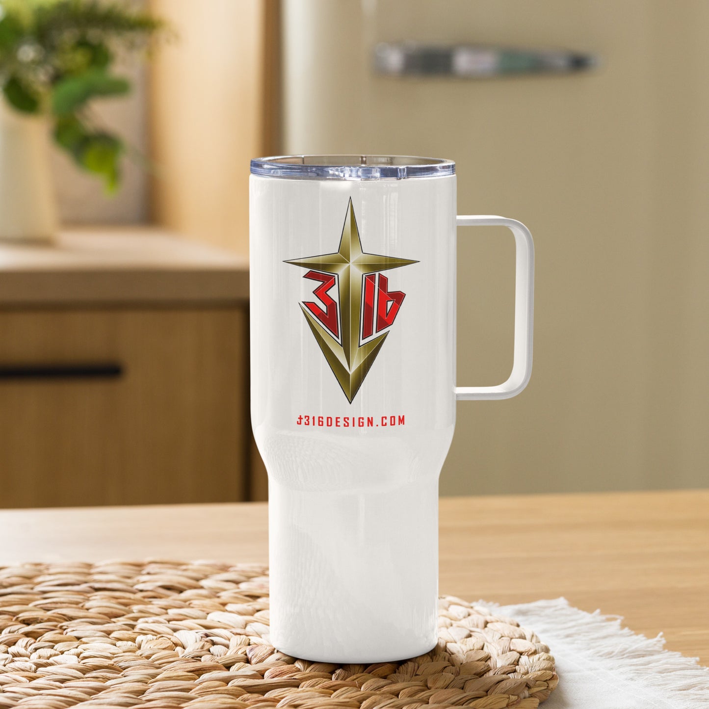 Drinkware / John 3:16 / J316 Design White Travel Mug with Handle / Gold Logo