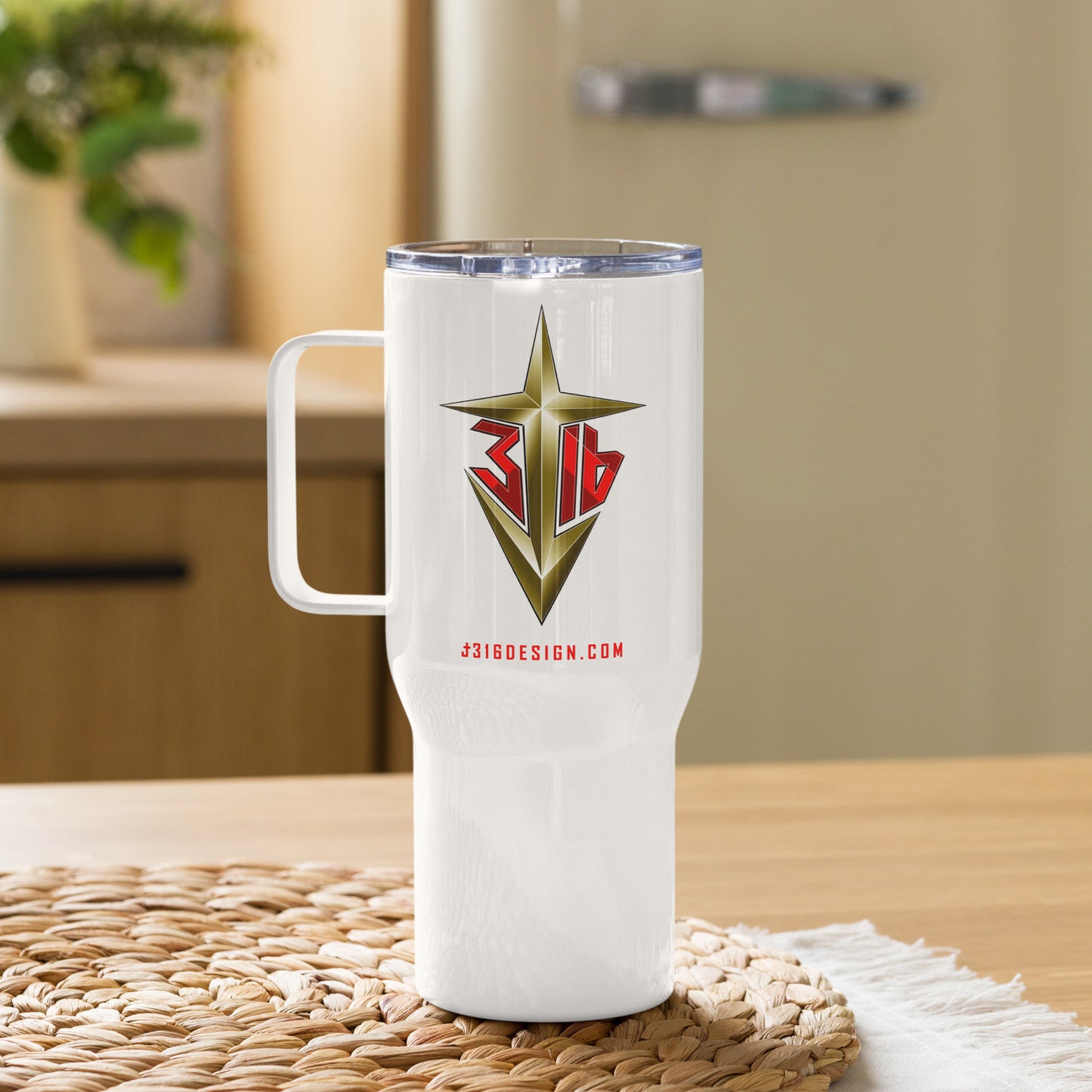 Drinkware / John 3:16 / J316 Design White Travel Mug with Handle / Gold Logo